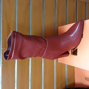 Women's mid calf red boots shoes chunky heels side zipper winter snow bootie